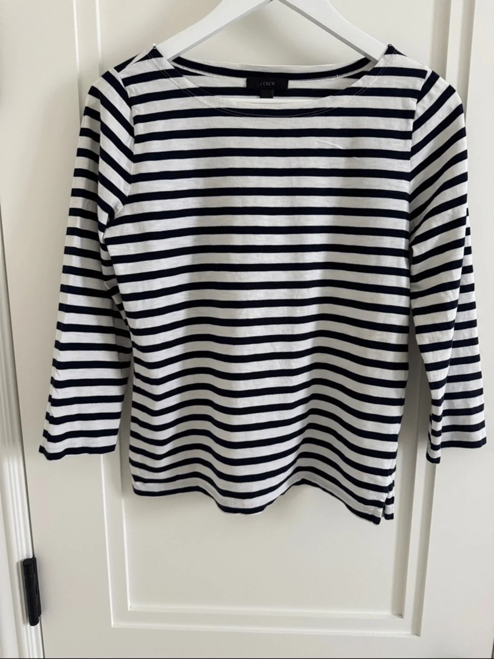 J. Crew Boatneck Navy and White Striped 3/4  Sleeve Tee. 100% Cotton.Never worn!